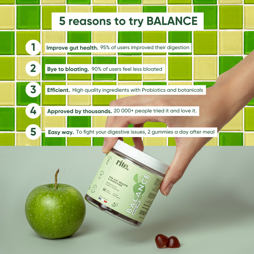 "A row of five buttons that say ""5 reason to try BALANCE"". "