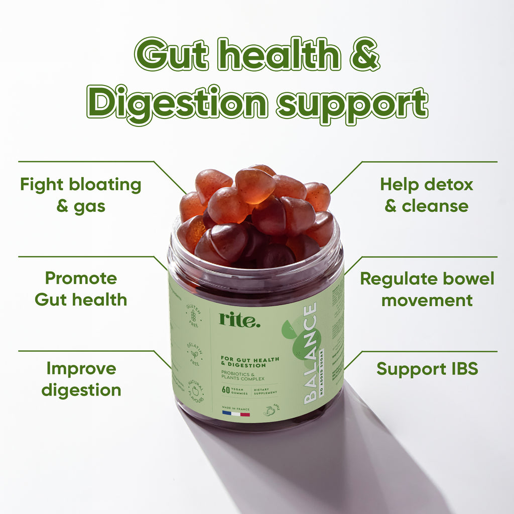 BALANCE GUMMIES support digestion, reduce bloating, and improve GUT HEALTH with probiotics and plant-based ingredients