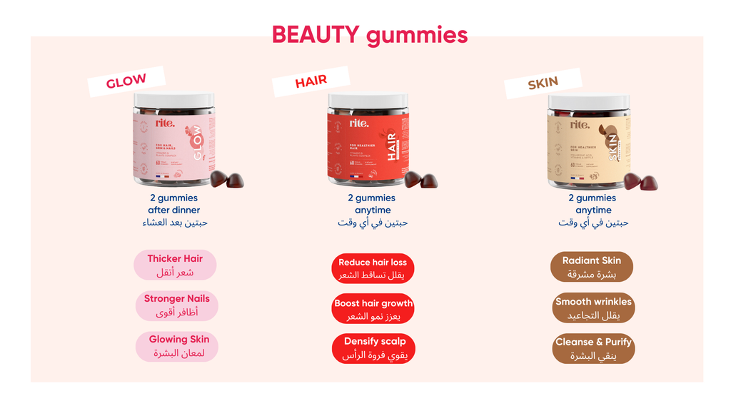 BEAUTY GUMMIES GLOW, HAIR, SKIN jars with benefits for hair growth, glowing skin, and nail strength
