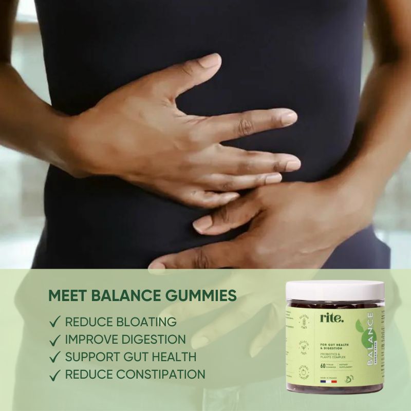 Woman holding her stomach with the text "Meet BALANCE Gummies" - BALANCE 3-month For gut health & digestion.