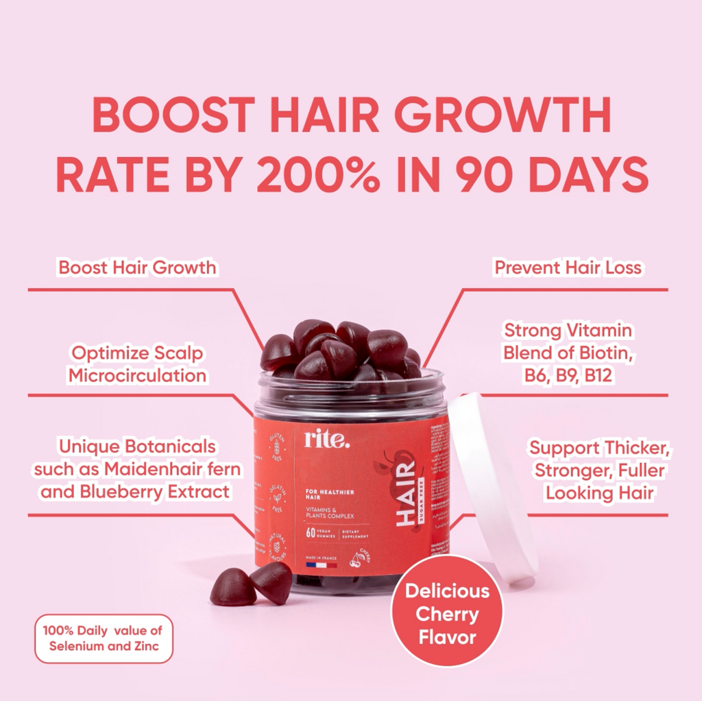 HAIR GUMMIES boost hair growth rate by 200% in 90 days with biotin, vitamins, and botanicals for fuller, stronger hair