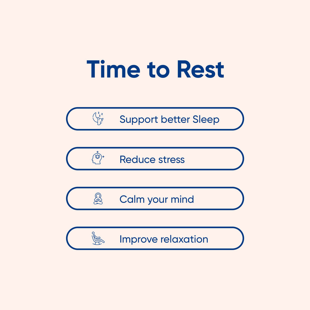 "Text in all caps reading """"Time to Rest"""" in a blue, button-like style. Below the text are four phrases in blue. "