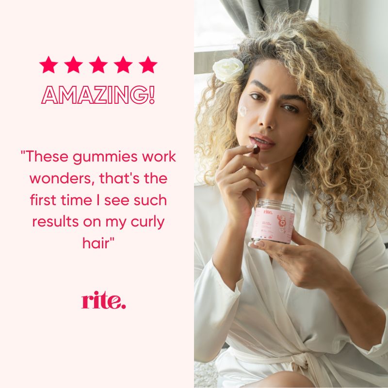 A pink text advertisement for Rite HAIR gummies. The text says ""Amazing!"" and also below the text is the logo ""rite.""