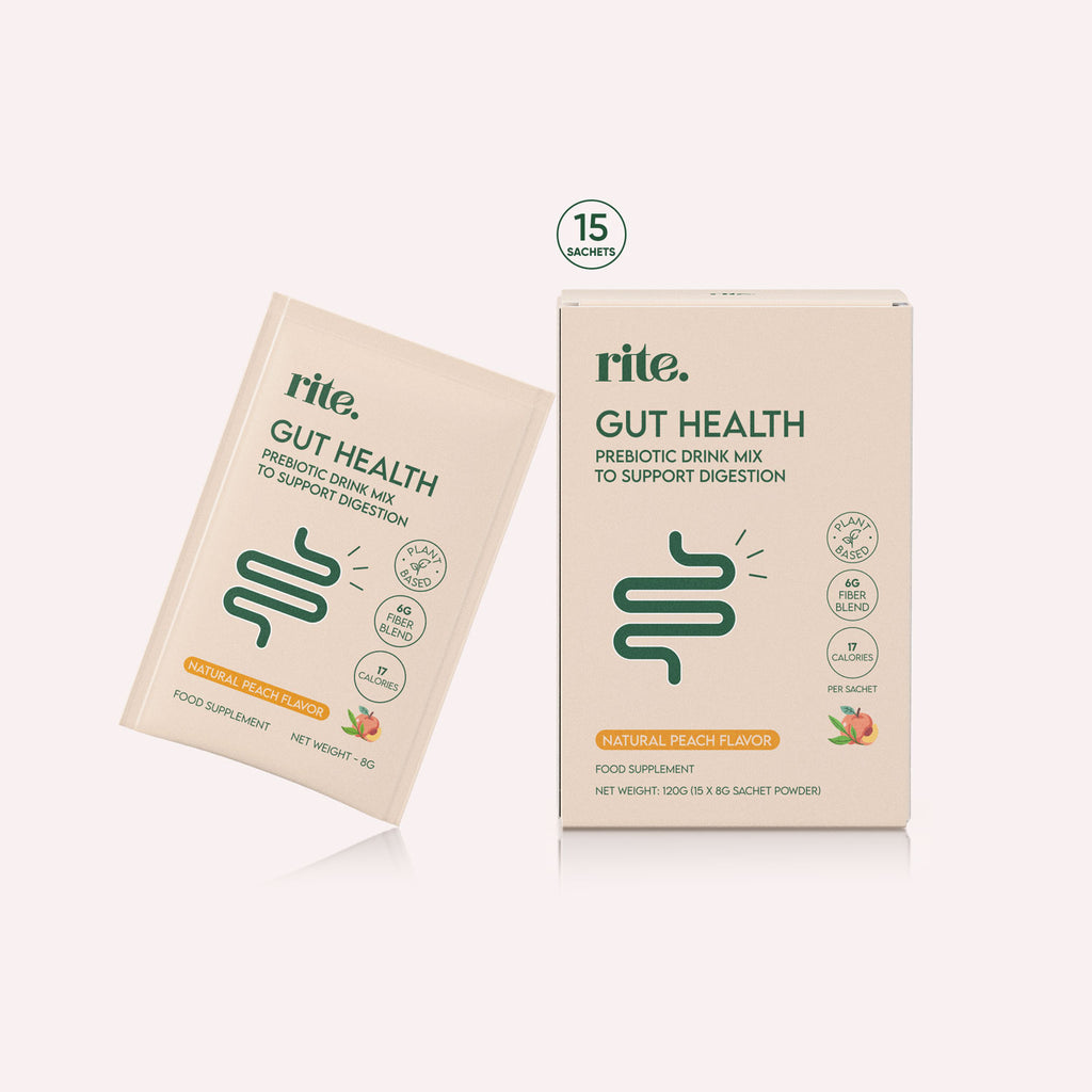 GUT HEALTH PREBIOTIC DRINK MIX in peach flavor with 15 sachets to support digestion and fiber