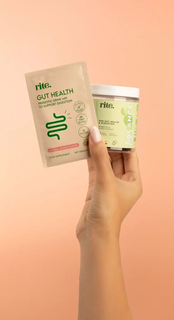 GUT HEALTH SACHET and BALANCE GUMMIES PROBIOTIC jar for digestion, gut balance, and daily wellness support