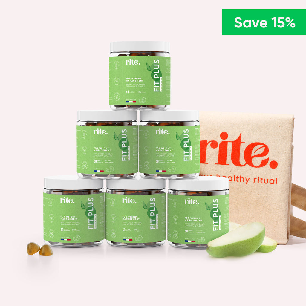 Six jars of rite fit plus gummy vitamins stacked in a row.