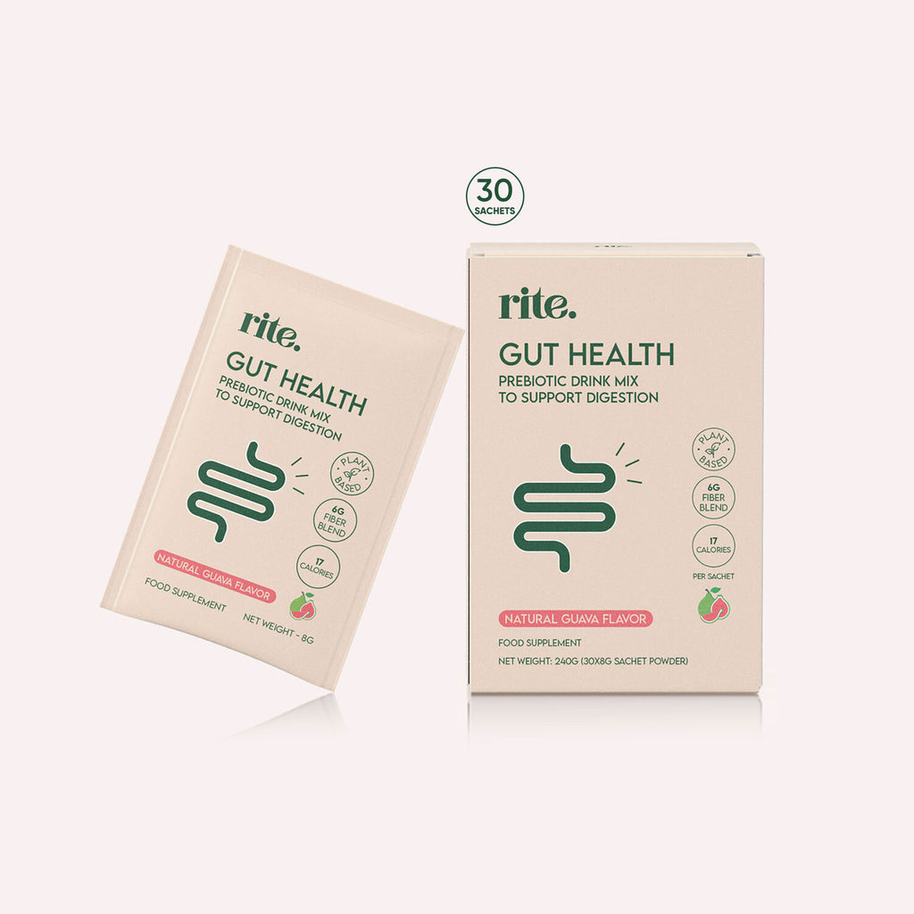 Rite Gut Health, a prebiotic drink mix for digestion support. Comes in 30 natural guava-flavored sachets.