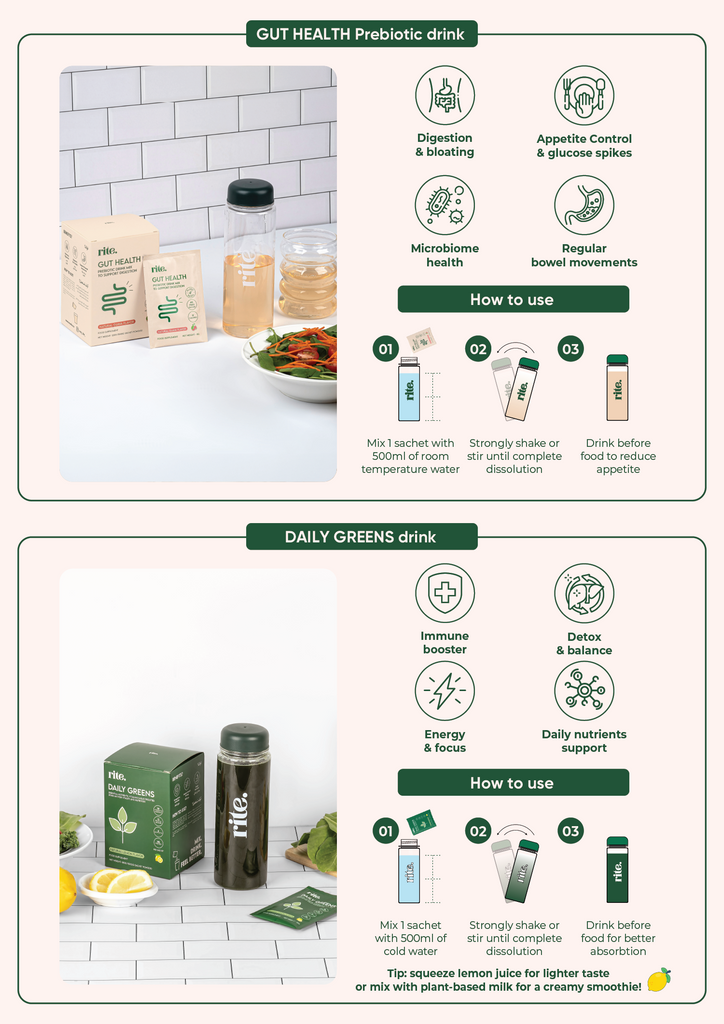 GUT HEALTH and DAILY GREENS drink powders with benefits and mixing tips for digestion, energy, and immune support