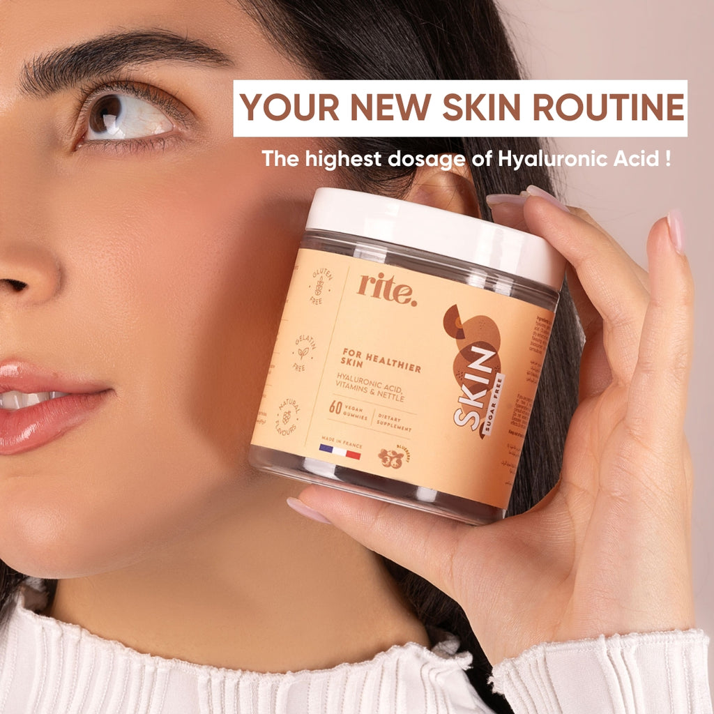 SKIN GUMMIES jar with peach-toned label containing biotin, zinc, and vitamin C for healthy skin and natural glow.