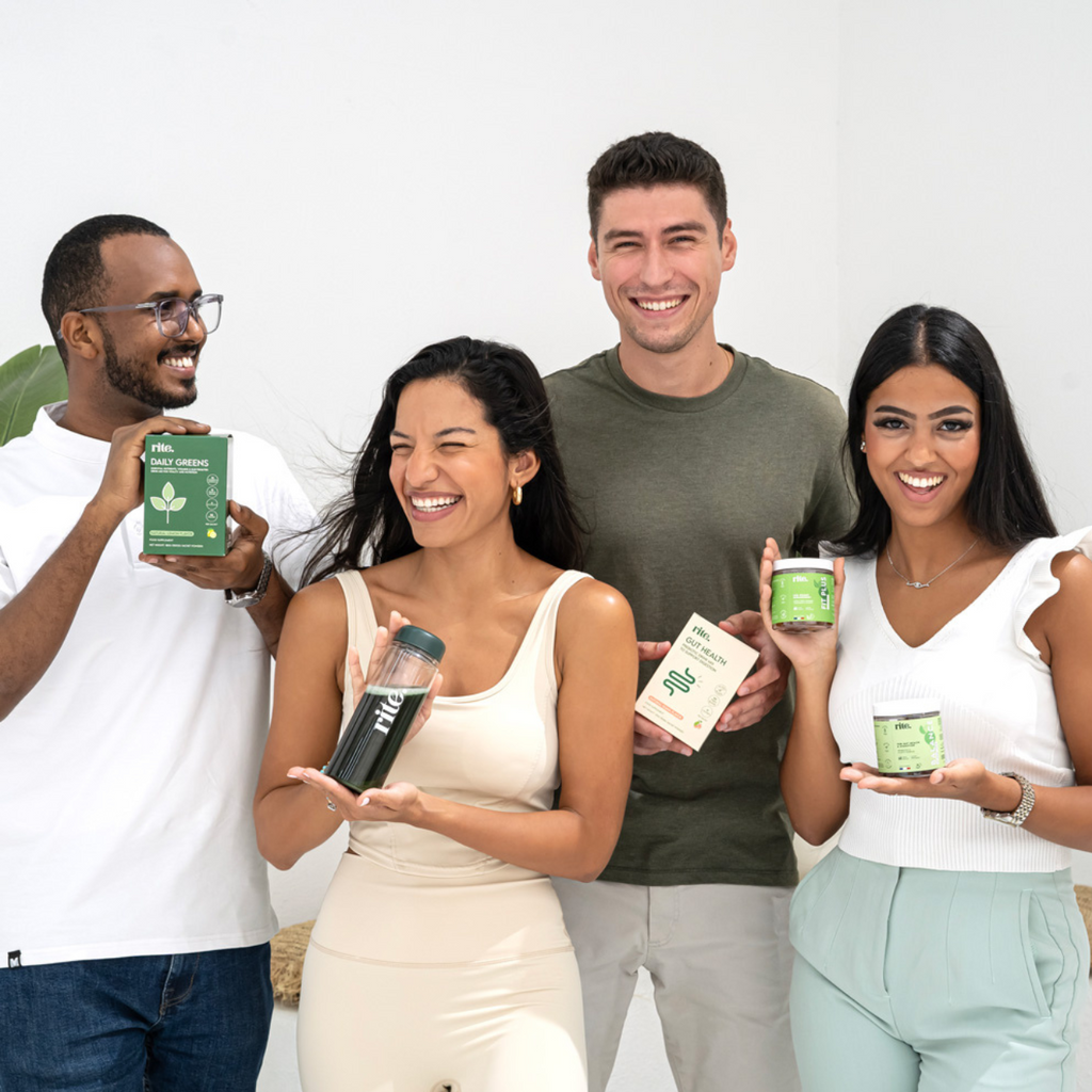RITE DAILY GREENS and DETOX GUMMIES packaging displayed clearly, showcasing natural supplements for cleansing and daily wellness.