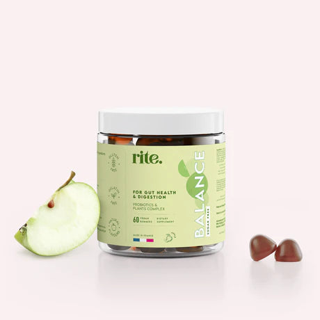 Rite BALANCE Gummies, a probiotic and plant-based supplement for gut health and digestion. Comes in a jar with 60 gummies.