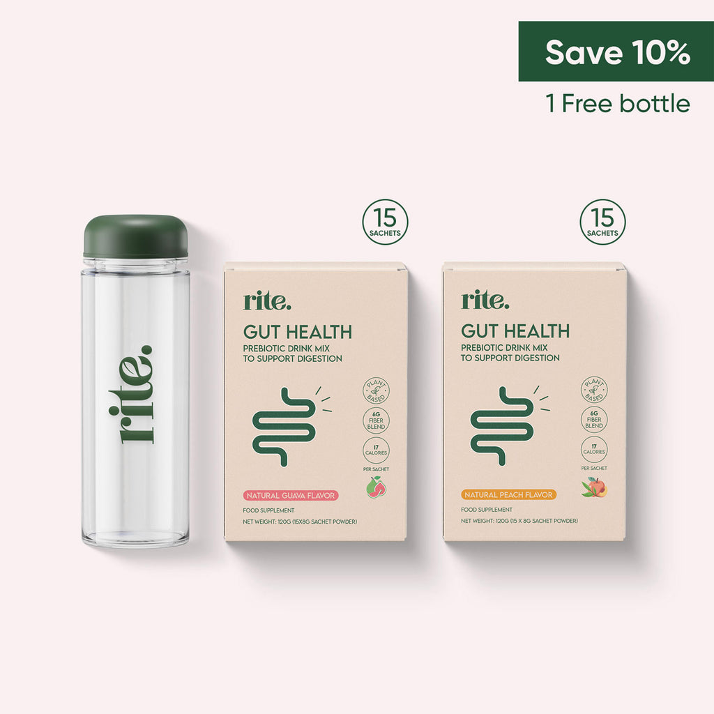 Two boxes of RITE Gut Health prebiotic drink mix (guava flavor) with 15 sachets each, and a free branded bottle with “Save 10%”