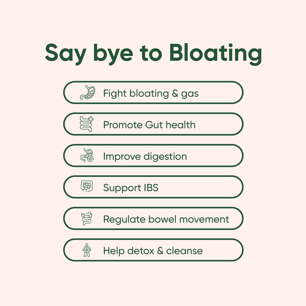 Say bye to bloating"A row of six buttons that say ""Say Bye To Bloating"". "