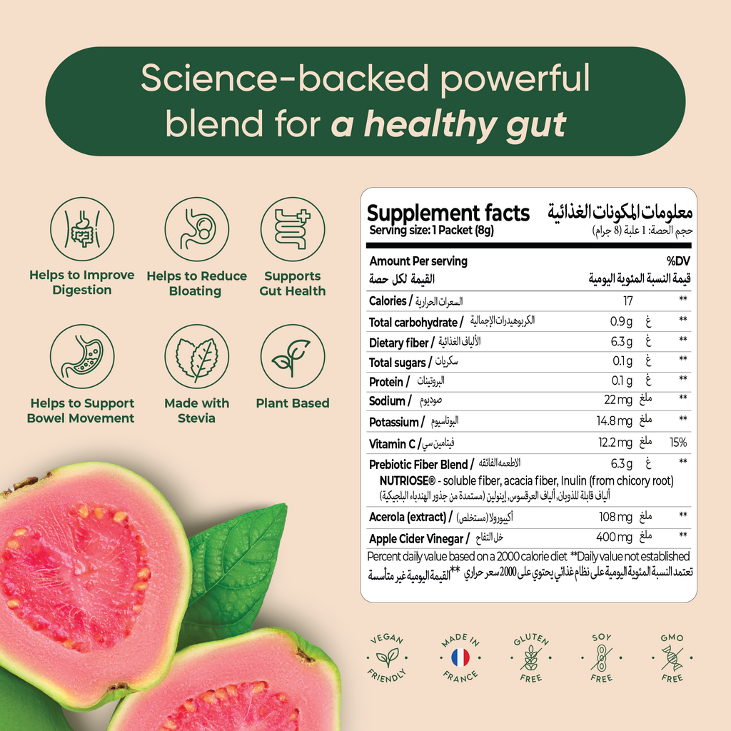 Rite Gut Health: Science-backed prebiotic drink for digestion, bloating, and bowel movement support. Contains plant-based stevia, Nutriose fiber blend, acerola extract, and apple cider vinegar. Vegan-friendly, made in France.