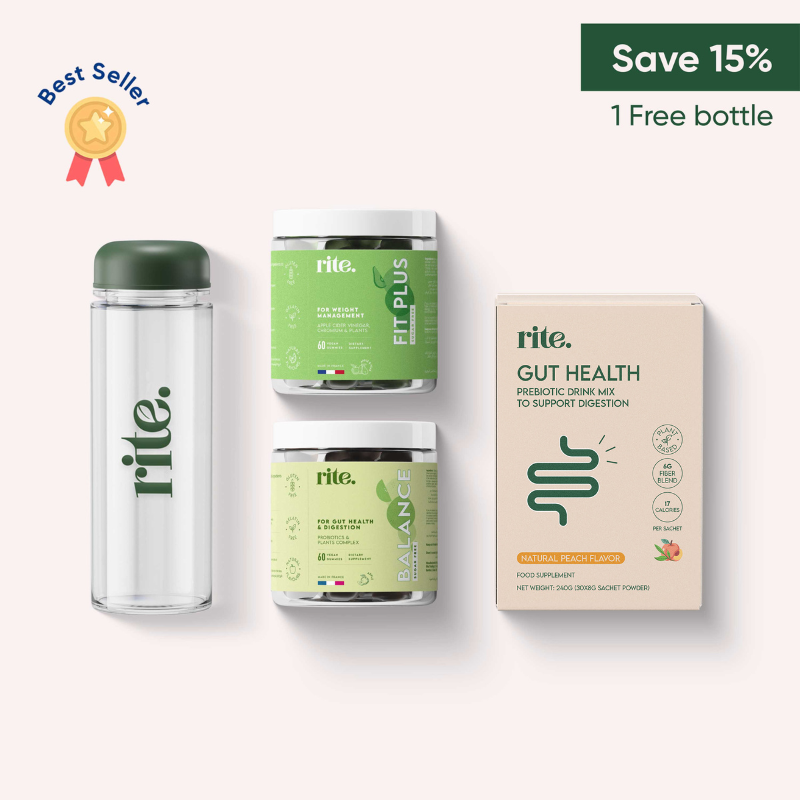Best-selling WELLNESS BUNDLE by Rite with gut drink, Fit Plus, Balance & bottle—supports digestion, fitness & saves 15%.