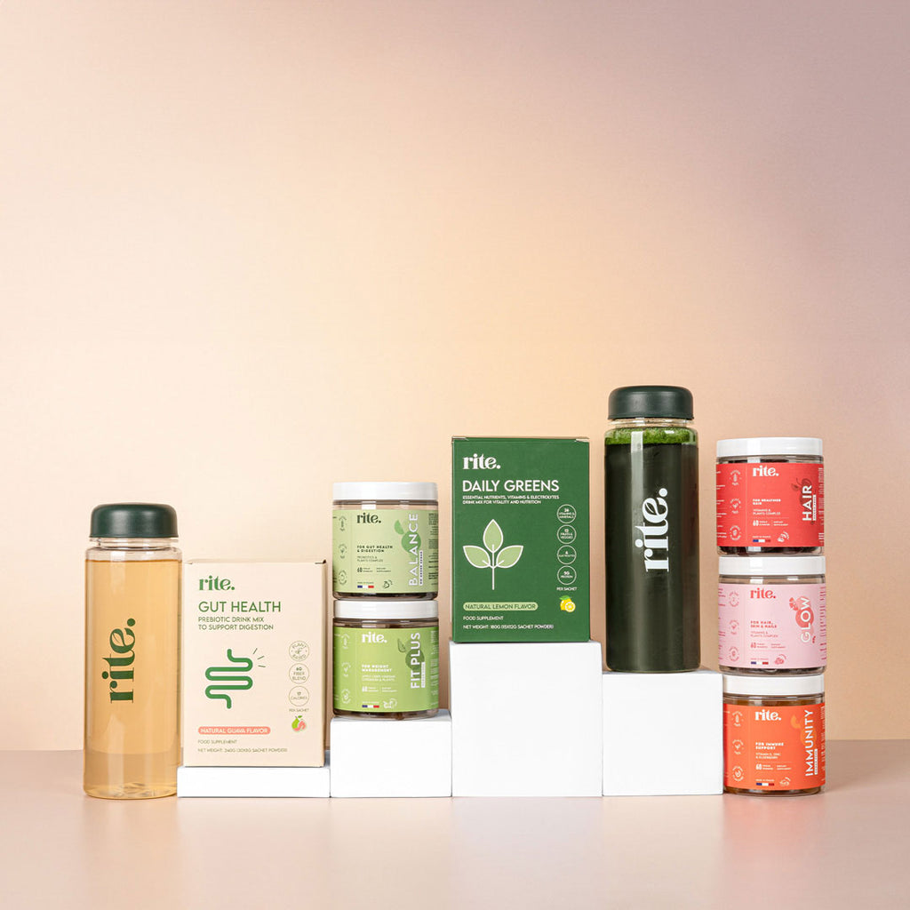 WELLNESS SUPPLEMENTS lineup including DAILY GREENS, GUT HEALTH, GLOW GUMMIES, and other health boosters in jars and boxes