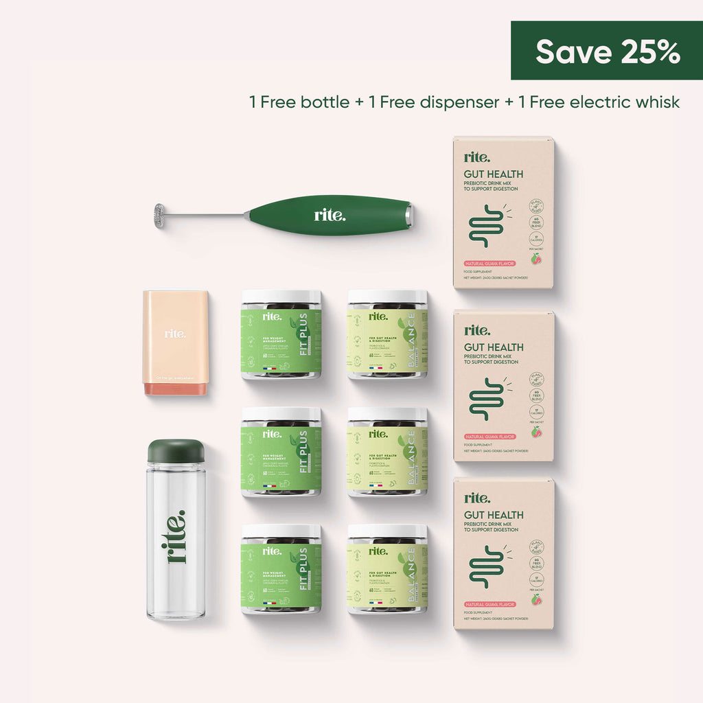 Wellness bundle with FIT PLUS, BALANCE and GUT HEALTH supplements, free bottle, dispenser, and whisk for DIGESTIVE SUPPORT.