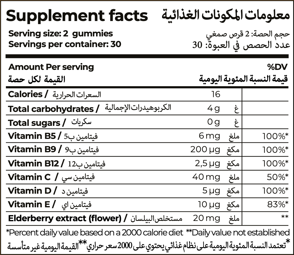 A nutritional facts label for a supplement written in both English and Arabic..  